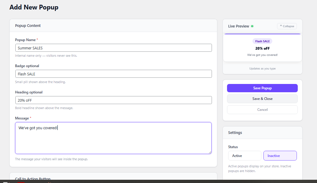 Murls Smart Popups editor with Popup Content, CTA Button, Image, and Live Preview sidebar