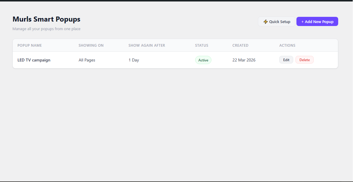 Murls Smart Popups All Popups screen — manage popups with status, page targeting, and cookie timing at a glance