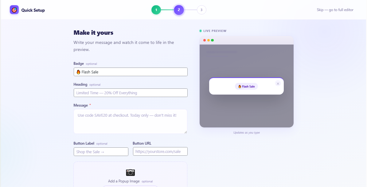 Murls Smart Popups Quick Setup Wizard Step 2 — write your message and see a live preview